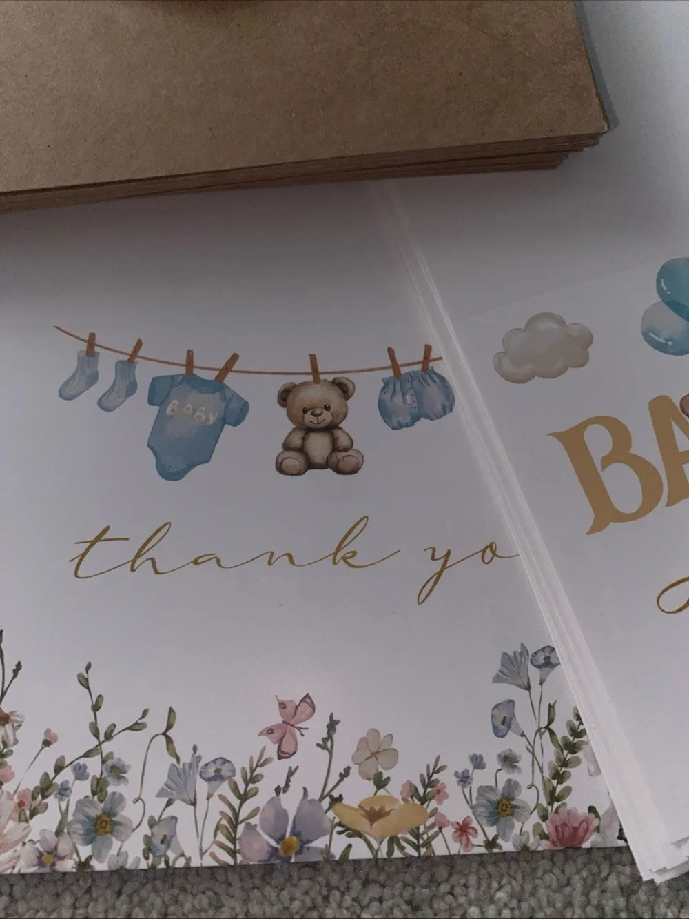 24 Baby Shower Thank You Cards With Envelopes Teddy Bears Floral Brown Blue